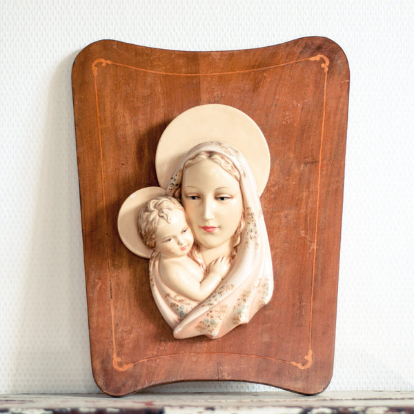 Mid-century Bas Relief Madonna with Child Wood Plaque
