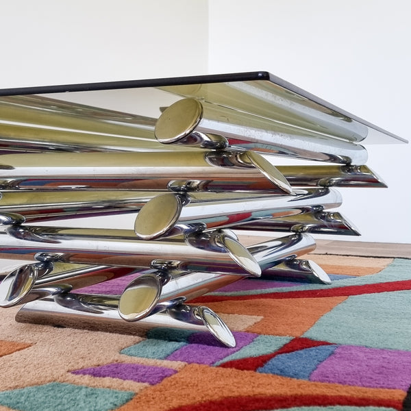 1970s Tubular Chrome and Smoked Glass Coffee Table