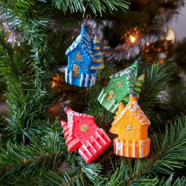 Christmas Ornament Set - 4 multicolored houses
