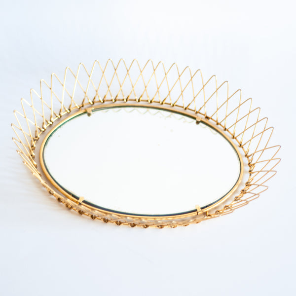 Oddhaus Vintage Luxembourg Brass Oval Sunburst Mirror Basket Tray