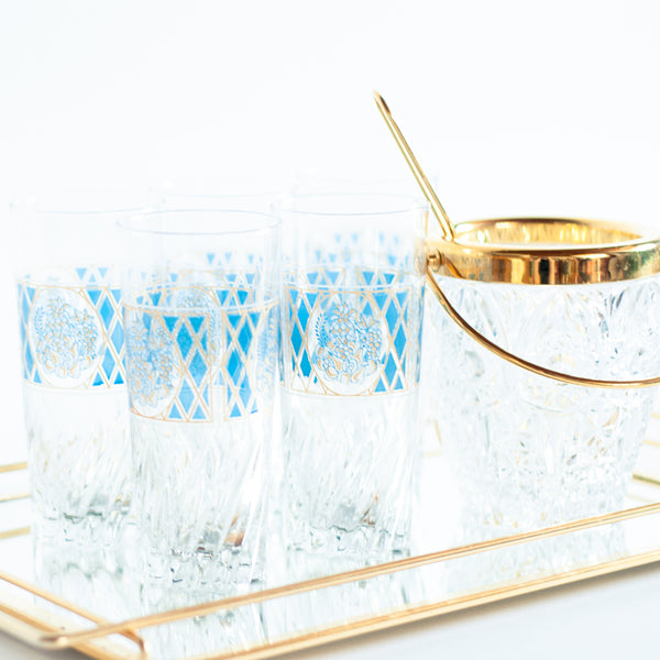 § Set of 5 Midcentury Blue and Gold Tumblers