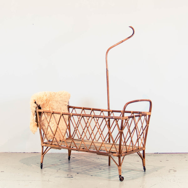 Oddhaus Vintage Luxembourg French Bohemian Vintage Rattan Baby Crib
